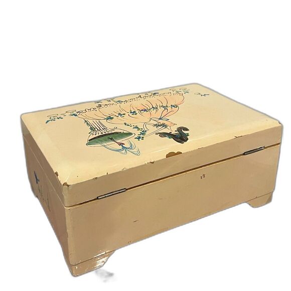 Vintage Jewelry Music Box & Key Mirrored w/ Blue Fabric Hand Painted Party Dress - Picture 4 of 5